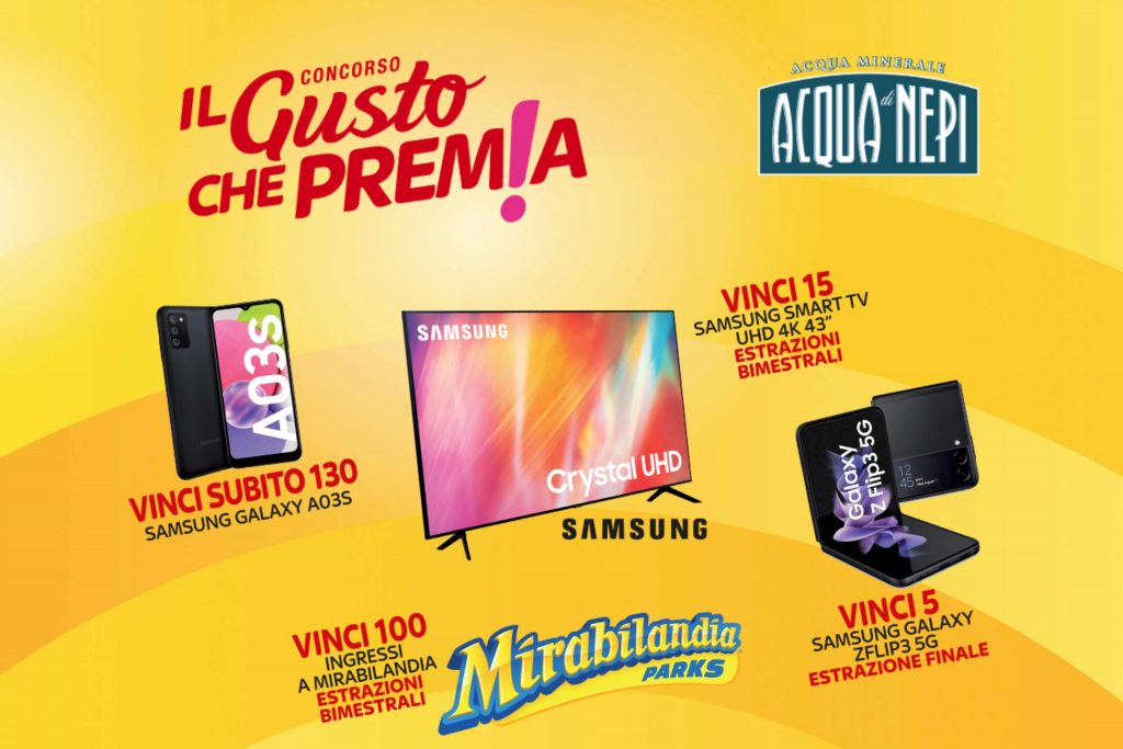Concorso “Il Gusto che premia” by acqua di Nepi: vinci smartphone, Smart TV Samsung e ingressi a Mirabilandia