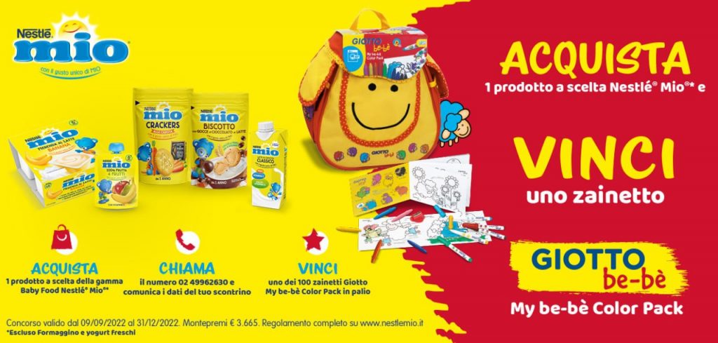 Concorso Nestlé Mio Baby Food: come vincere uno zainetto Giotto My be-bé Color Pack