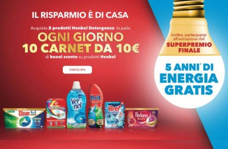 Concorso ”Henkel il risparmio è di casa”: come vincere carnet di buoni sconto da 10€ e voucher di 15000€ per il pagamento di bollette