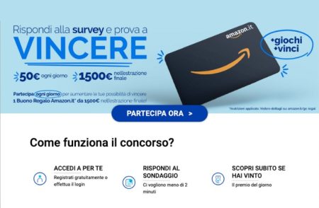 Concorso ”Per te Vinci buoni Amazon”: in palio ogni giorno buoni da 50 e 1500€